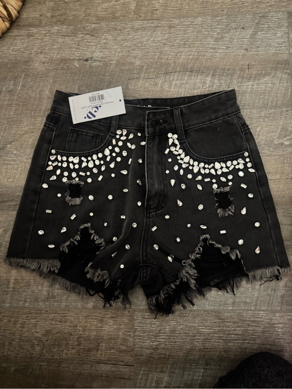 Black Embellished Distressed Denim Shorts